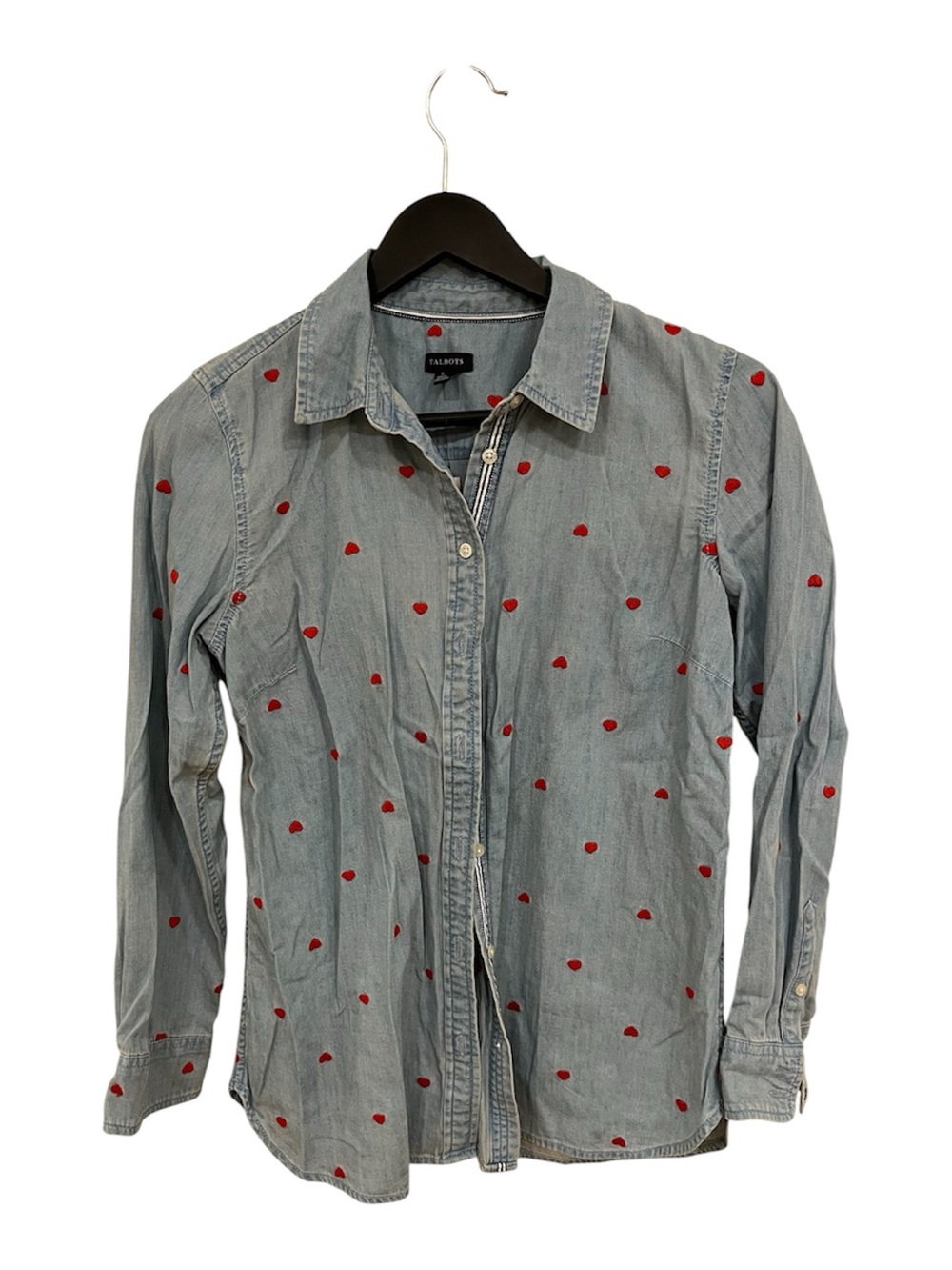Talbots Light Wash Denim Button-Down Shirt with Red Heart Motif